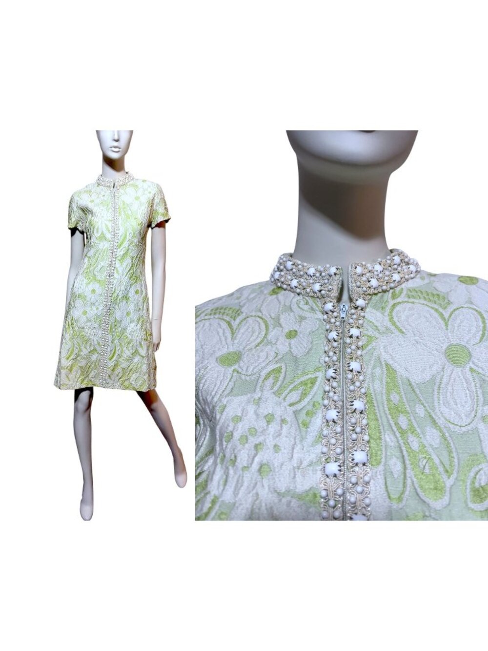 VTG Harzfelds Beaded Tapestry Mini Tunic Dress S Pale Green Resort California